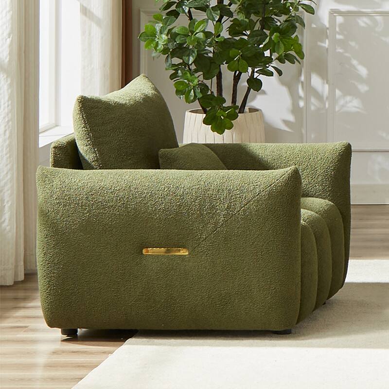 Modern Teddy Fabric Lounge Chair Sofa, Cozy Sleeper Couch with Pillow and Wooden Armrests