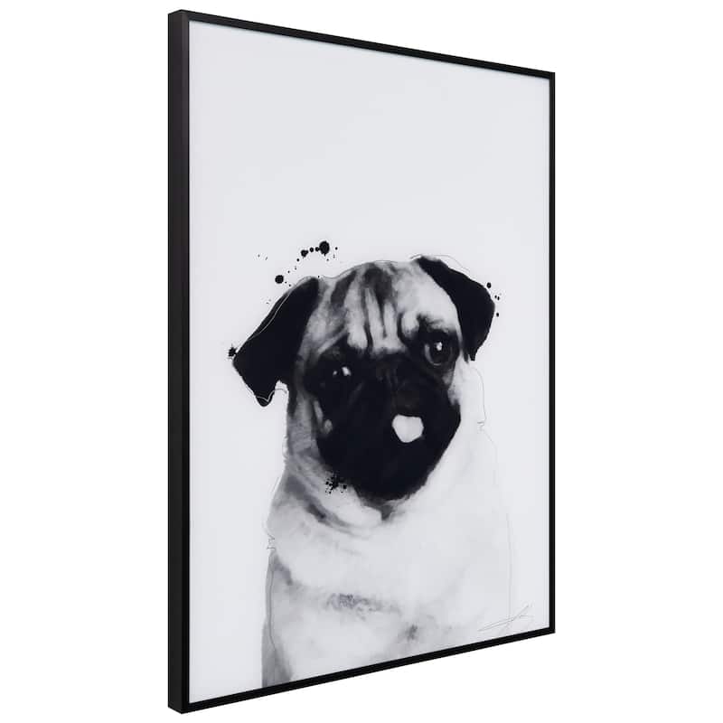 "Pug" Black and White Pet Paintings on Printed Glass Encased with a Black Anodized Frame