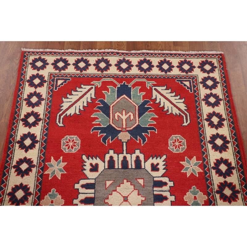 Geometric Red Kazak Oriental Accent Rug Hand-Knotted Wool Carpet - 3'5" x 4'11"