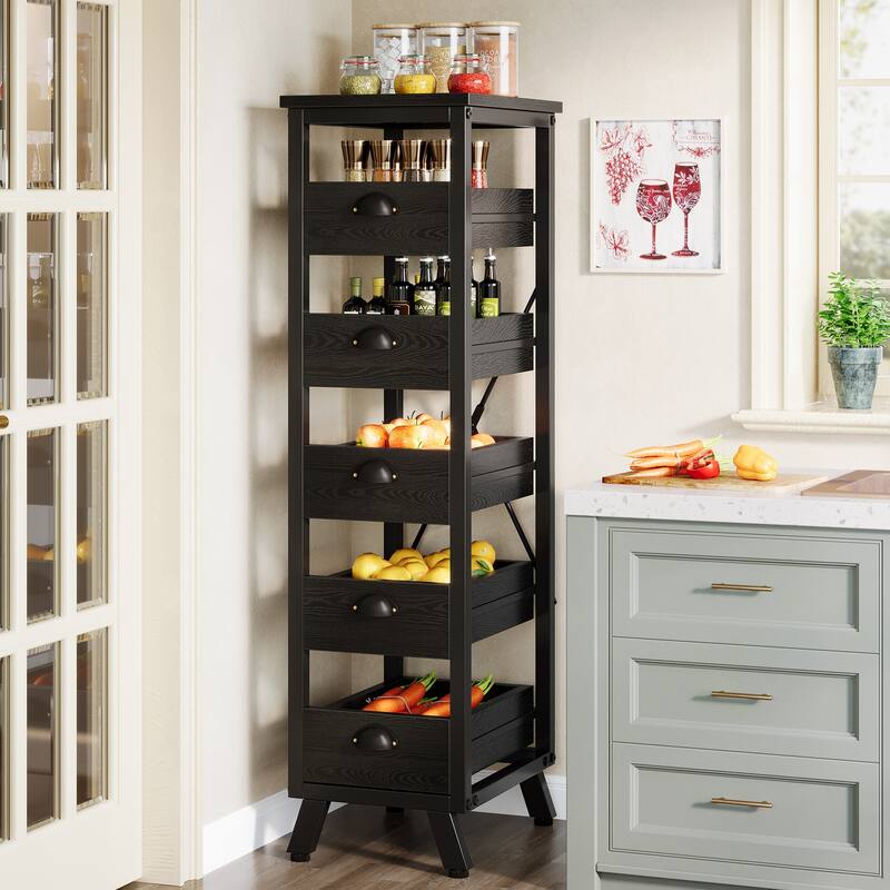 Wood Fruit and Vegetable Storage Rack, 5-Tier Kitchen Pantry Storage Cabinet - Black