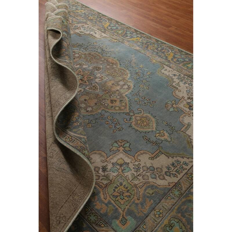 Hand Knotted Oriental 100% Wool Carpet Traditional Medallion Navy Blue & Blues Tabriz Area Rug - 9' 4'' X 6' 8''