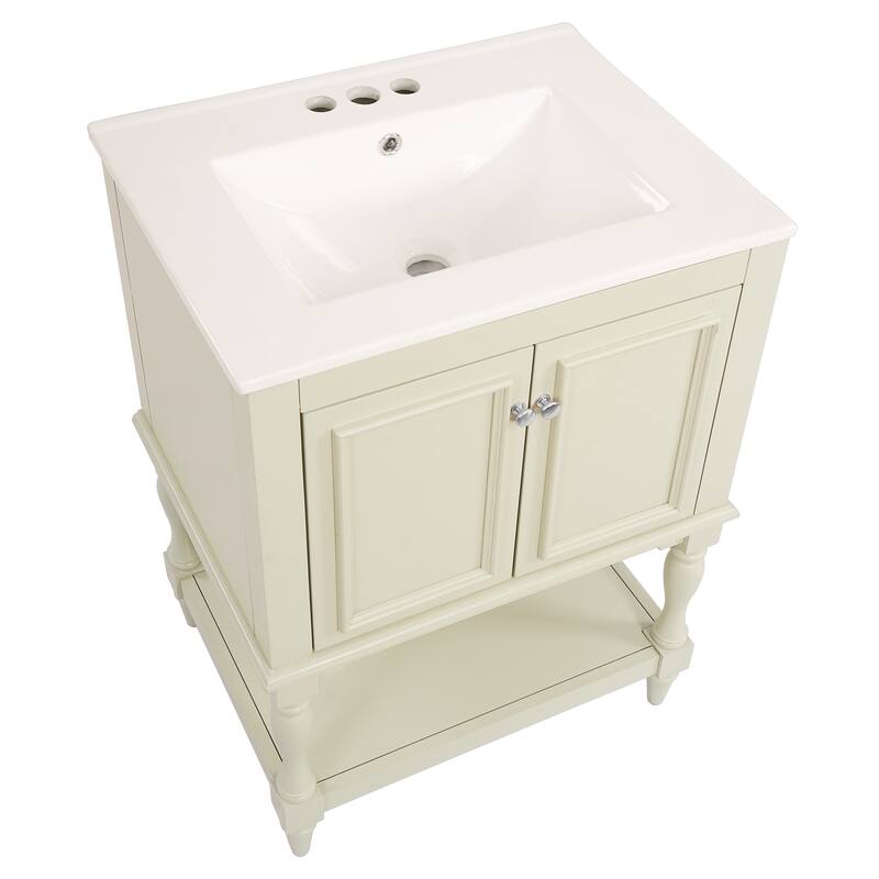 24 inch Modern Luxury Bathroom Vanity with Ceramic Sink, Bathroom Cabinet with Open Shelf and Closed Storage