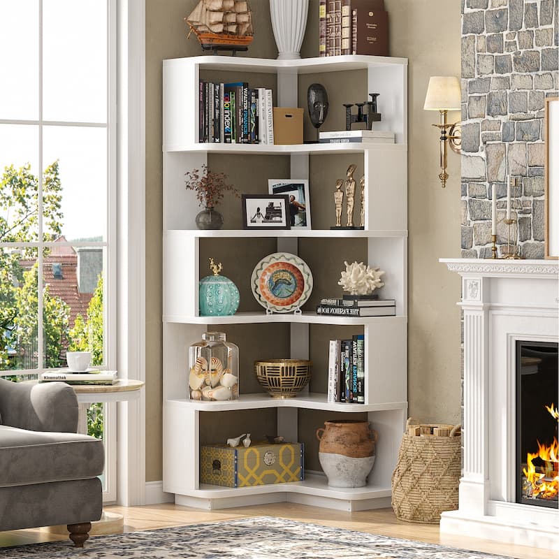 5-Tier Corner Space Shelving Bookshelves, Freestanding Display Storage Shelving - White