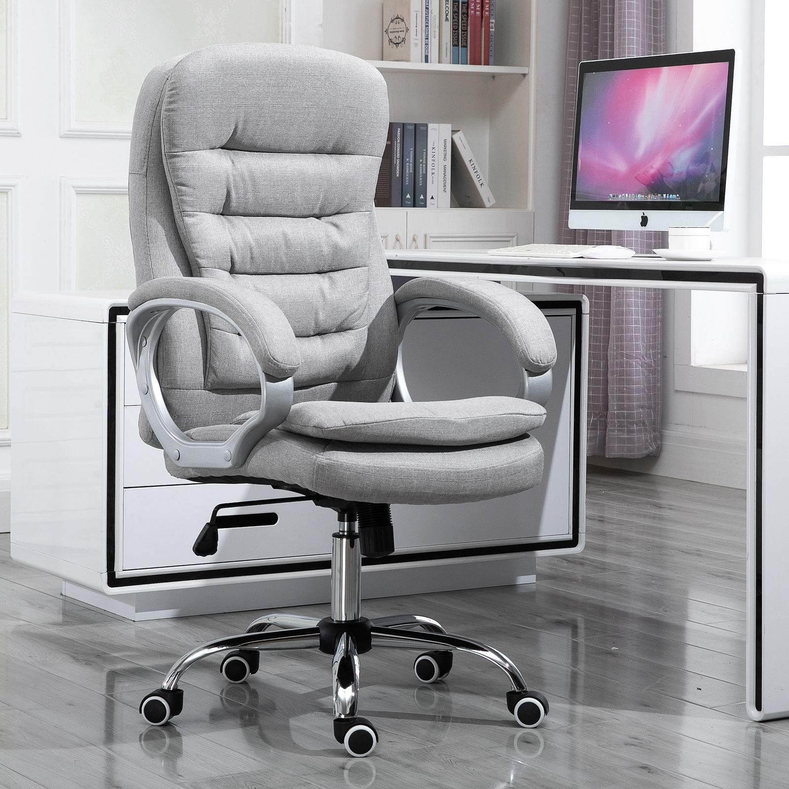 Vinsetto Ergonomic Home Office Chair High Back Task Computer Desk Chair  with Padded Armrests, Linen Fabric, Swivel Wheels, and Adjustable Height,  gray