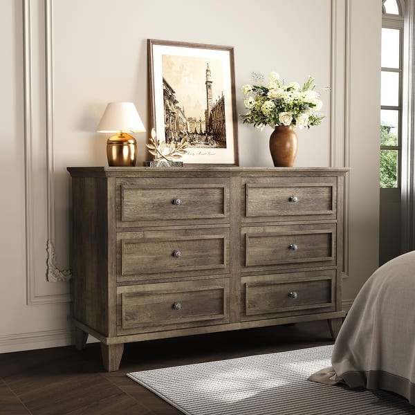 grey bed brown dresser Farmhouse for Bedroom with 6 Drawer, Double Dresser TV Stand with Vintage Handle - Bath & Beyond collection_Everyday