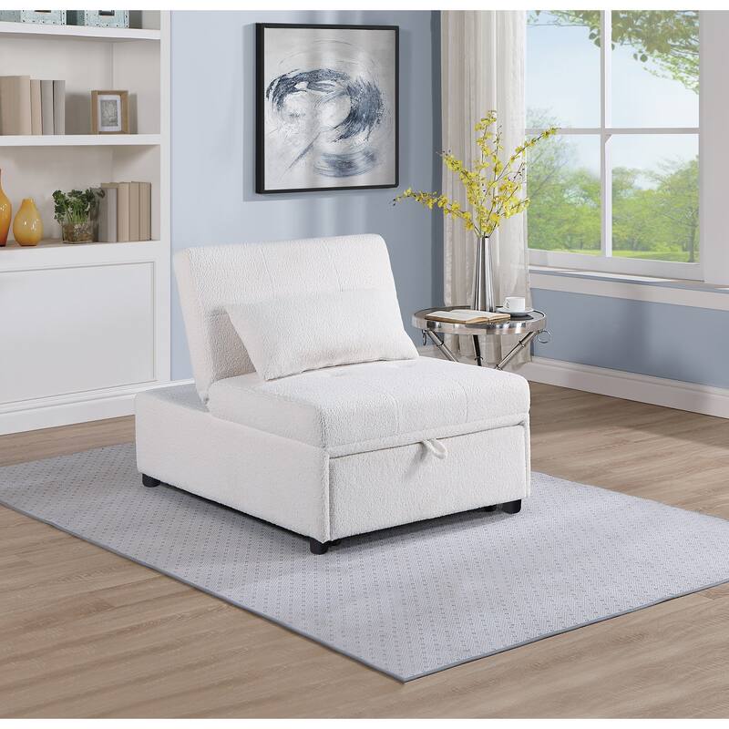 Contemporary White Convertible Sleeper Sofa Chair with Sherpa Fabric and Pillow