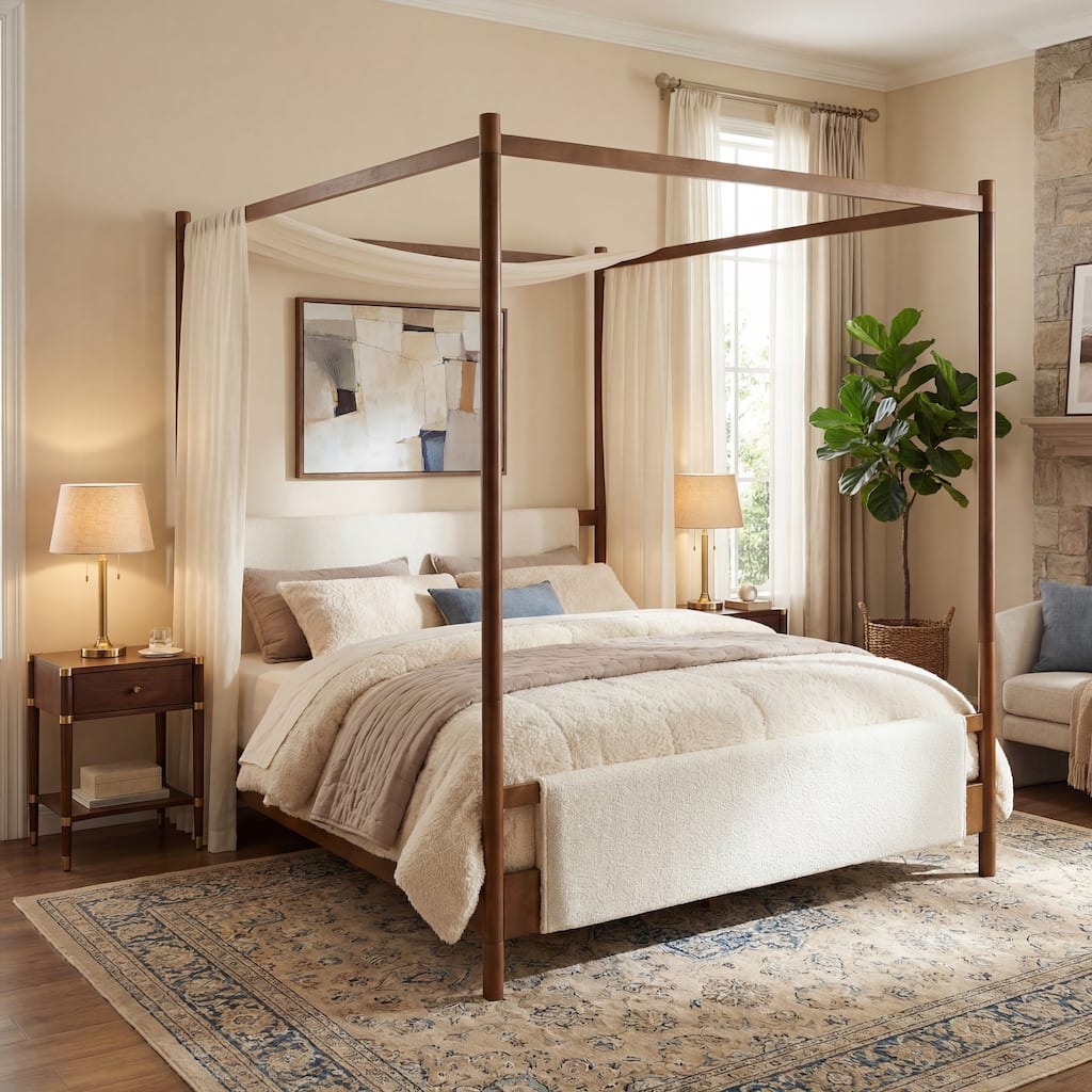 Christopher Knight Home - Contemporary Boucle Upholstered Canopy Bed Frame with Solid Wood Legs and Decorative Top Beams