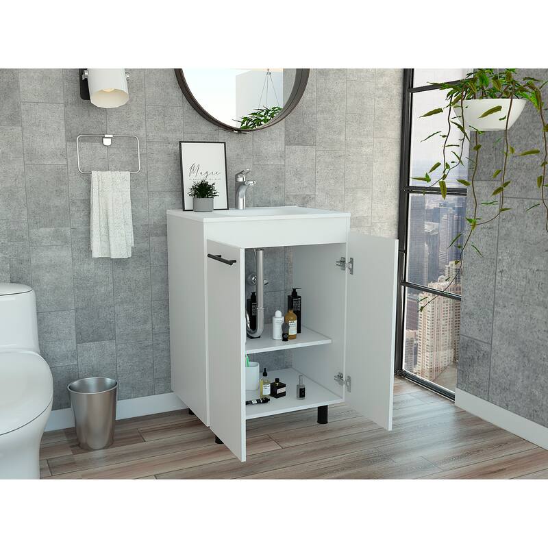 Light Oak 2-Door Rectangle Freestanding Vanity Cabinet with Drop-In Sink and 2 Shelves, Compact Bathroom Storage