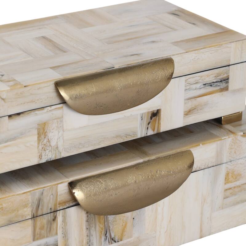 Resin Wood Decorative Boxes Handles Mosaic (Set of 2) - 5" & 4" Tan - 14" x 8.5" x 4.5"