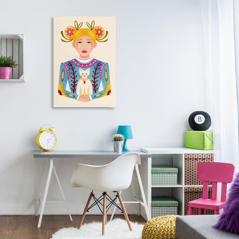 Stupell Blonde Folk Girl with Cat Canvas Wall Art Design By Hannah Moren