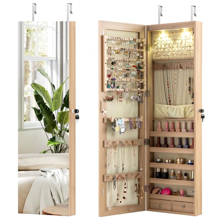 LED Lights Wall and Door Mounted Jewelry Storage Lockable Cabinet with Full Length Mirror - 14" x 4" x 54.5" (L x W x H) - Natural