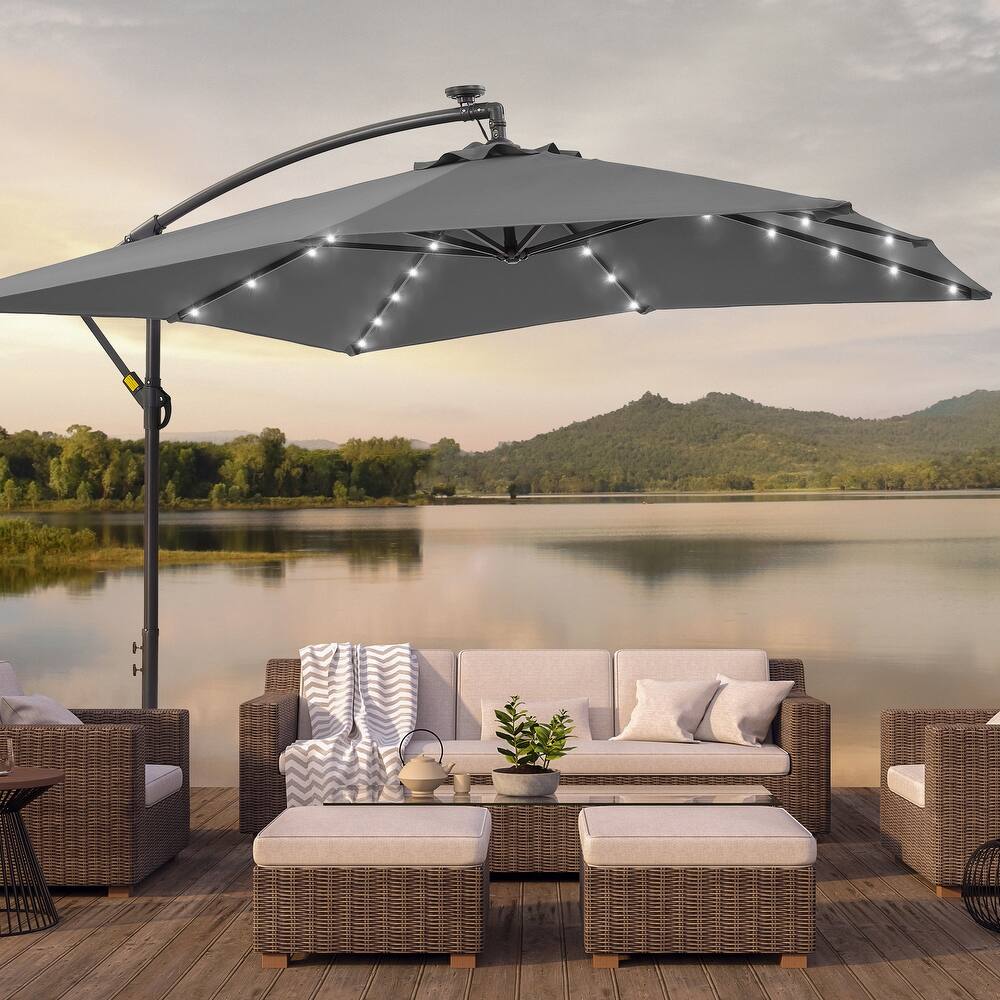 BONOSUKI Patio 8.2Ft LED Offset Umbrella,8 Steel Ribs w/Cross Base