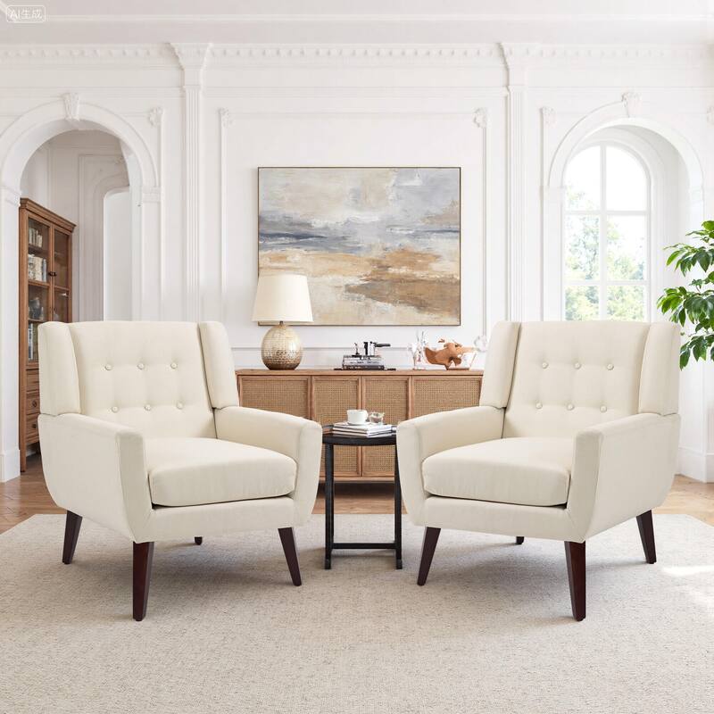 2 Set Modern Tufted Linen Upholstered Accent Chair Faux Leather Armchair
