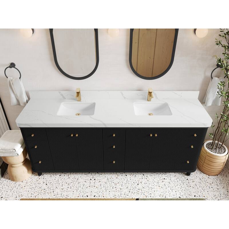 Willow Collections 84 in. W x 22 in. D Reeded Miami Double Bowl Sink Bathroom Vanity with Countertop - 2”Calacatta Laza - Black