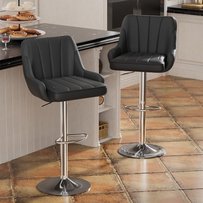 Adjustable Armless Swivel PU Leather Bar Stools Chrome Air Lift Counter Height Stools Set of 2 - Black