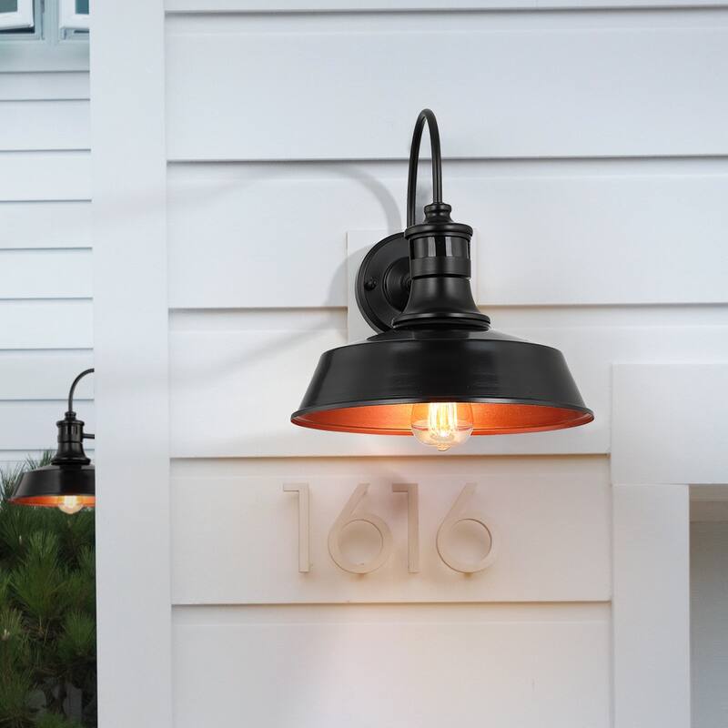 1-Light Black Motion Sensor Outdoor Wall Sconce Barn Light - 12-in W