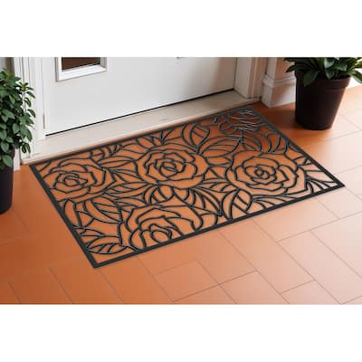 HomeRoots 24" X 36" Black Floral Outdoor Rubber Door Mat - 24' X '36