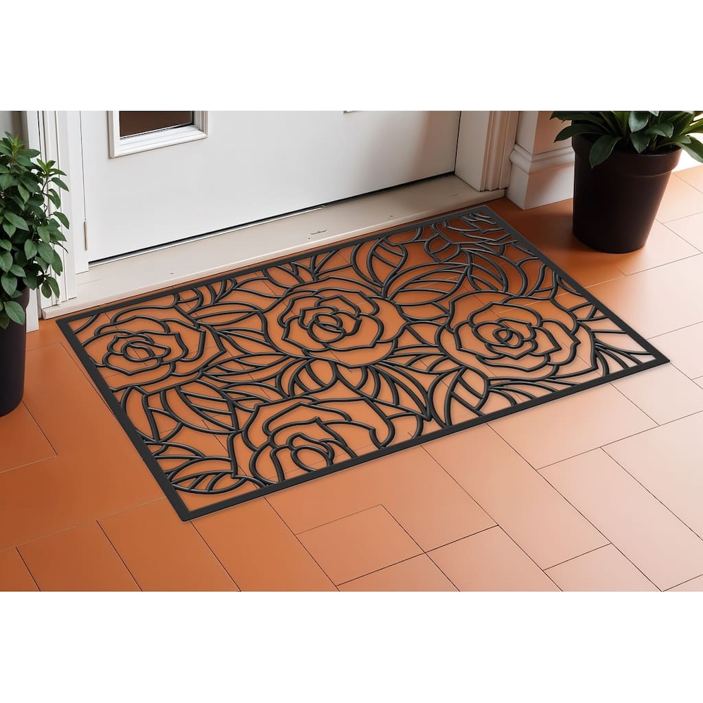 HomeRoots 24" X 36" Black Floral Outdoor Rubber Door Mat - 24' X '36
