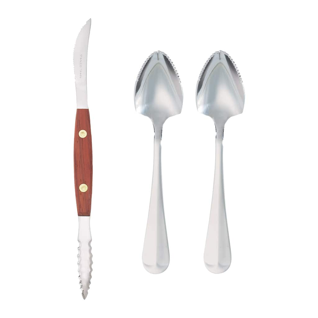 HIC Kitchen Grapefruit Spoon and Squirt Free Twin-Blade Grapefruit Knife Set, 4-Piece Set with 2 Spoons and 2 Knives