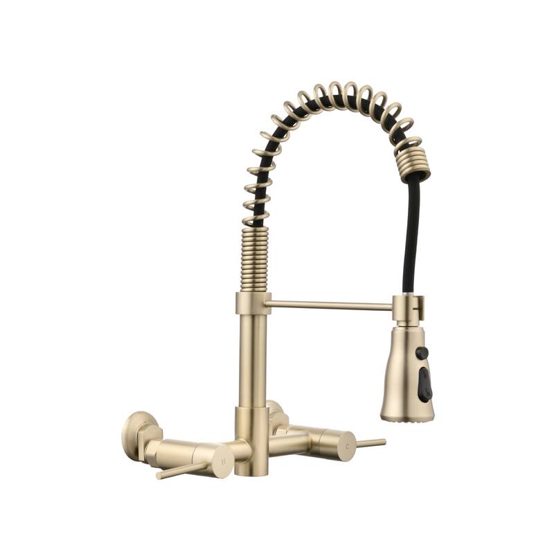 PROOX Double Handle Kitchen Faucet with Pull Out Sprayer Wall Mounted - Brushed Gold