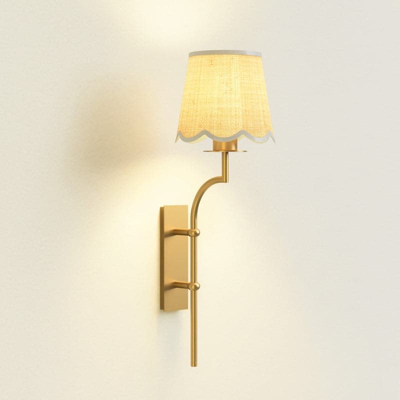 Rowabi Arco Cone Rattan Sconce Metal, Raffia & Natural Beige, Gold Wall Sconce for Bedroom, Hallway in Modern, Mid-Century Style - Clamp Cone Raffia Shade