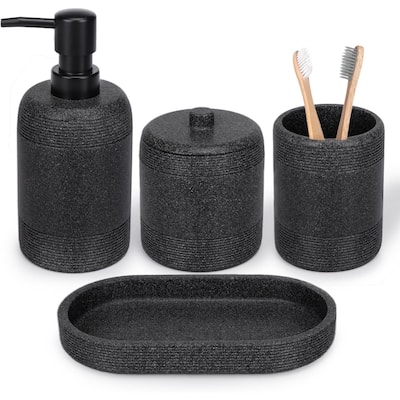 4-piece black bathroom accessories set with soap dispenser, toothbrush holder, medicine bottle, tray