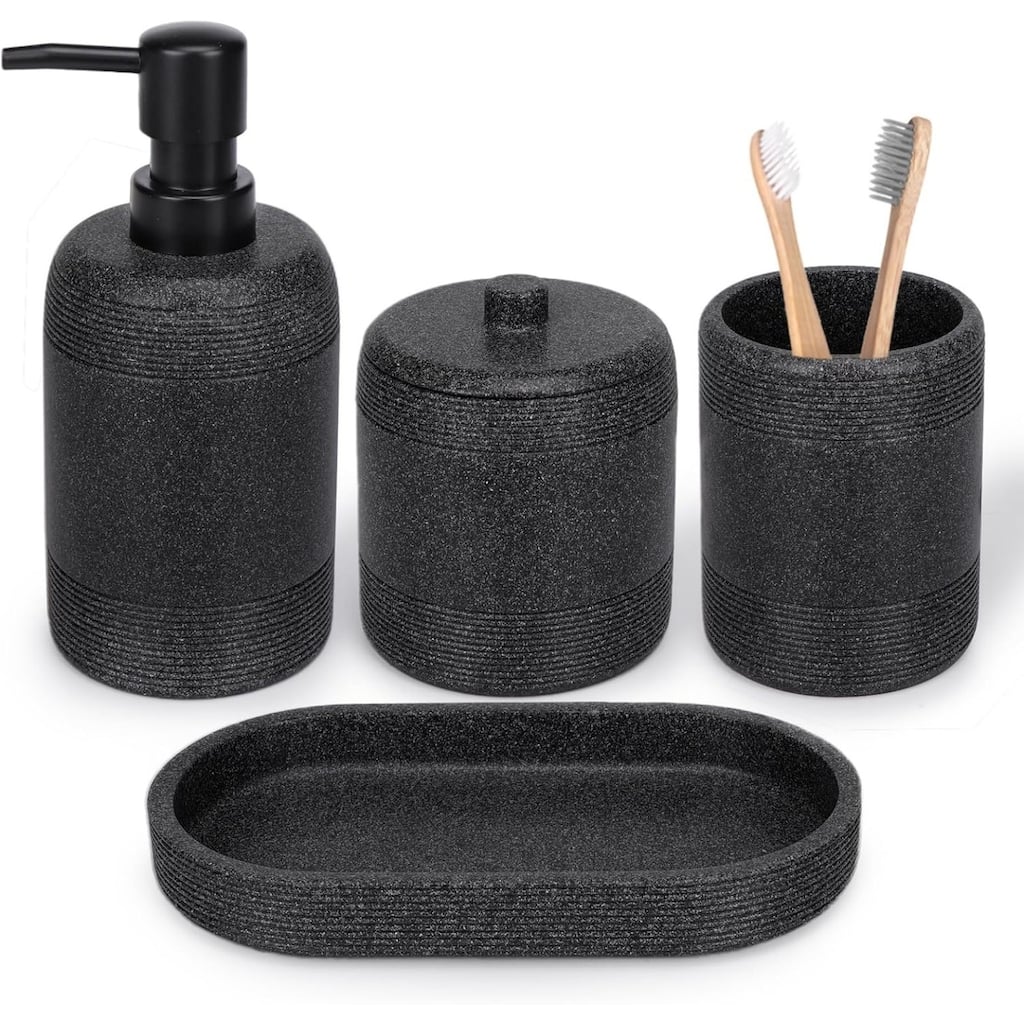 4-piece black bathroom accessories set with soap dispenser, toothbrush holder, medicine bottle, tray