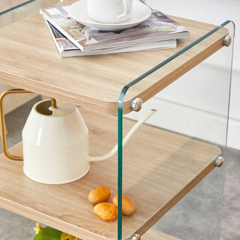 14" Modern Square Side Table with Tempered Glass Legs and Storage Shelfs for Living Room or Bedroom