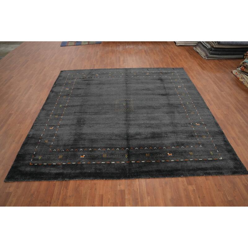 Hand Knotted Oriental 100% Wool Carpet Tribal Animal Pictorial Greys & Charcoal Gabbeh Area Rug - 10' 0'' X 10' 2''