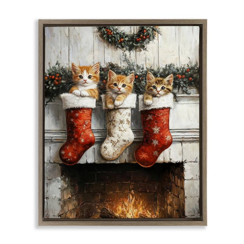 Stupell Christmas Kittens in Stockings Framed Floater Canvas Wall Art Design By Arlington Prints - 25 x 31 - Brown