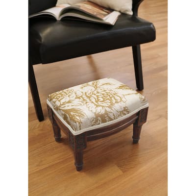 Tan Peony Footstool with wood stained finish