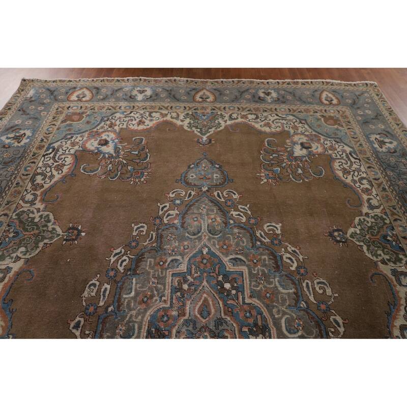 Brown Over Dyed Tabriz Persian Vintage Rug Handmade Wool Carpet - 9'3"x 12'7"