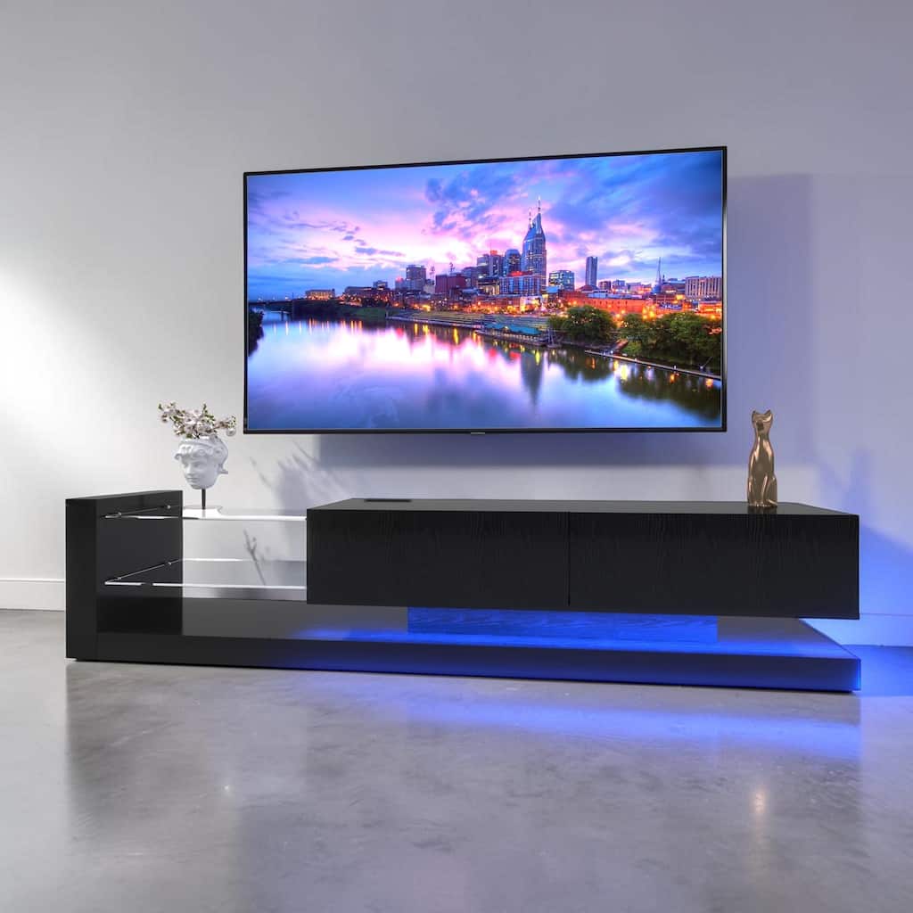 LED TV Stand for 75 Inch TV, Modern Media Console with Power Outlet, Glass Shelves and Storage Cabinet