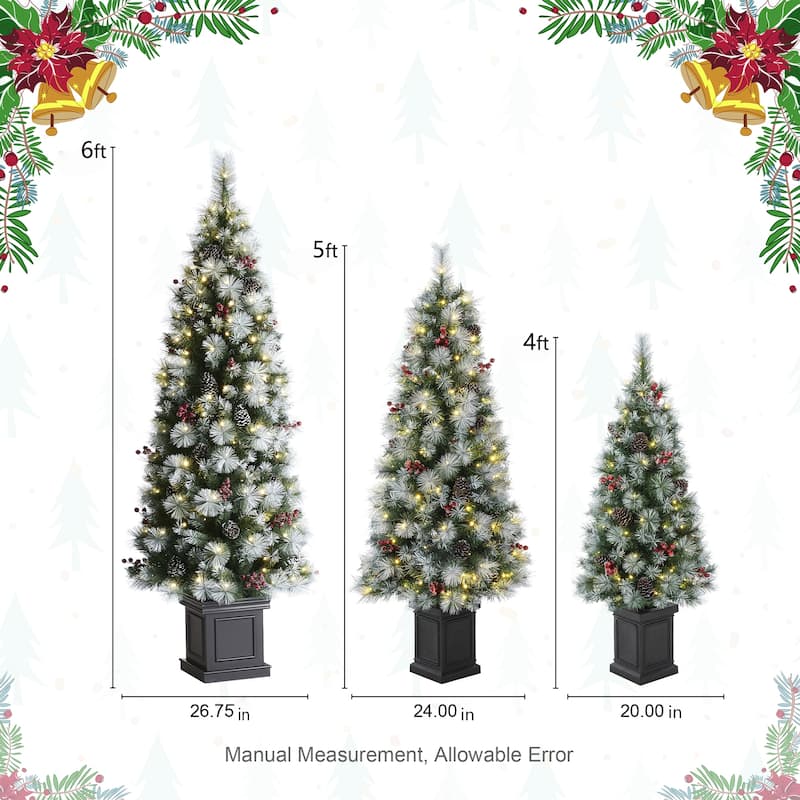 Glitzhome 4ft/5ft/6ft Pre-Lit Pine Artificial Christmas Tree in Pot with Lights and Red Berries for Porch Decor
