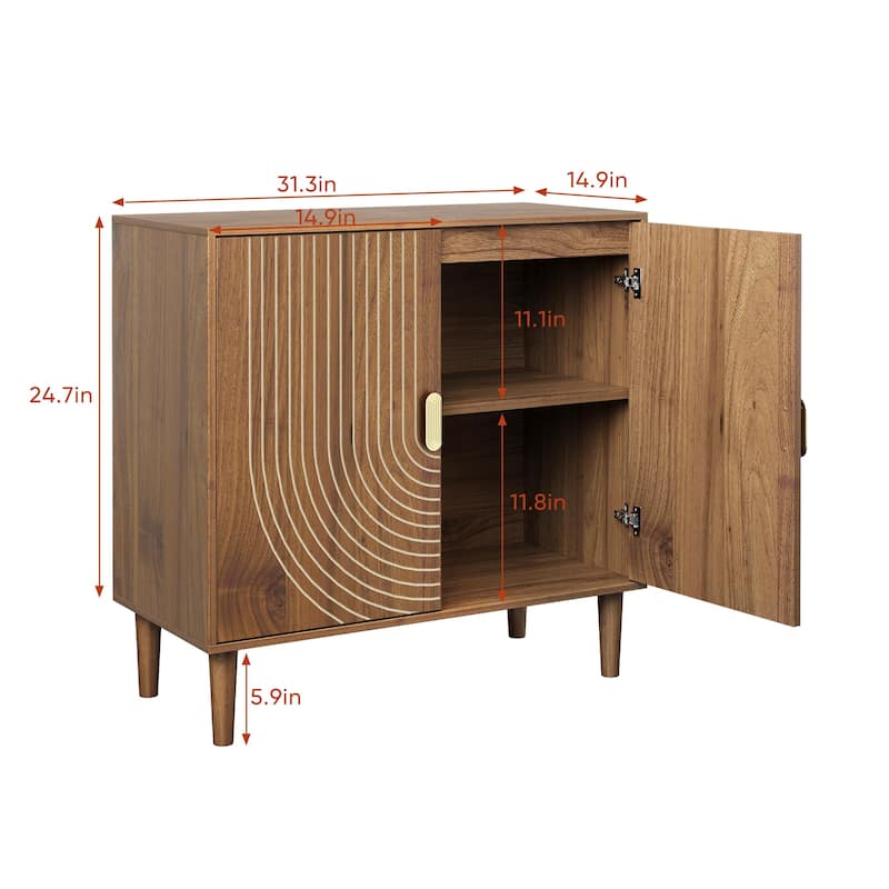 Roomfitters Mid-Century Modern Storage Cabinet with Geometric Arched Doors, Sideboard Buffet with Gold Handles, Brown