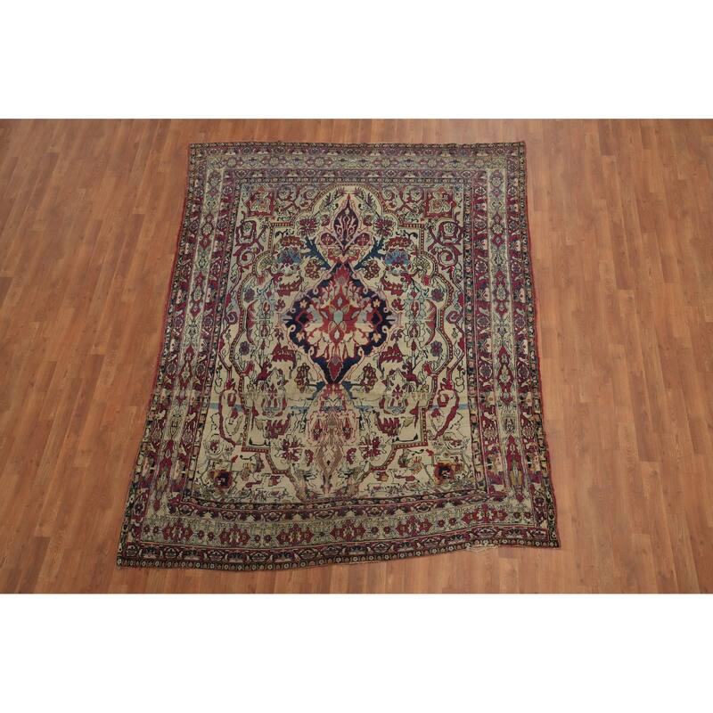 Hand Knotted Oriental 100% Wool Carpet Traditional Floral Beige & Ivories Kerman Area Rug - 8' 9'' X 6' 8''