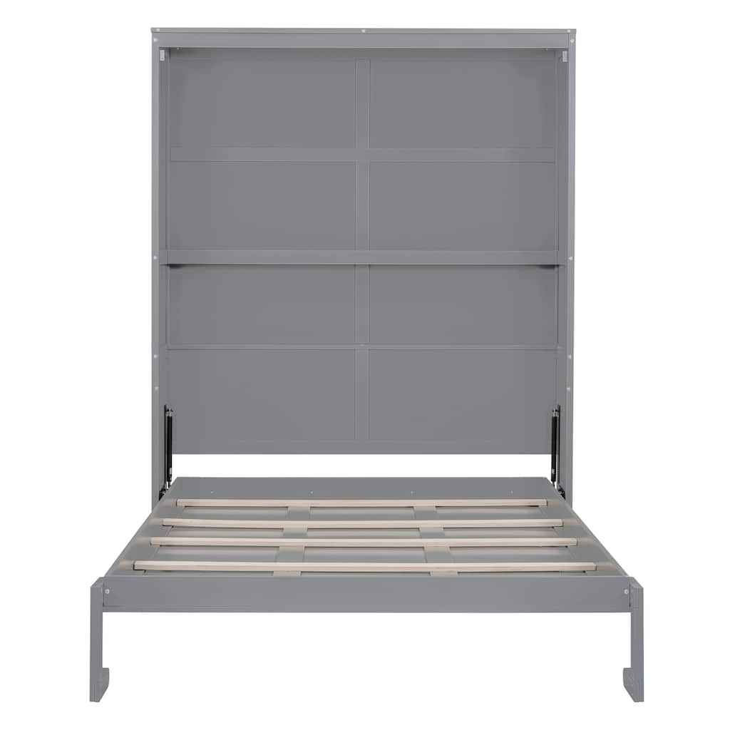 Gray Multi-functional Murphy Bed All-in-One Cabinet Shelf Cabinet Wall Bed Frame Platform Folding Bed with Shelves - Queen