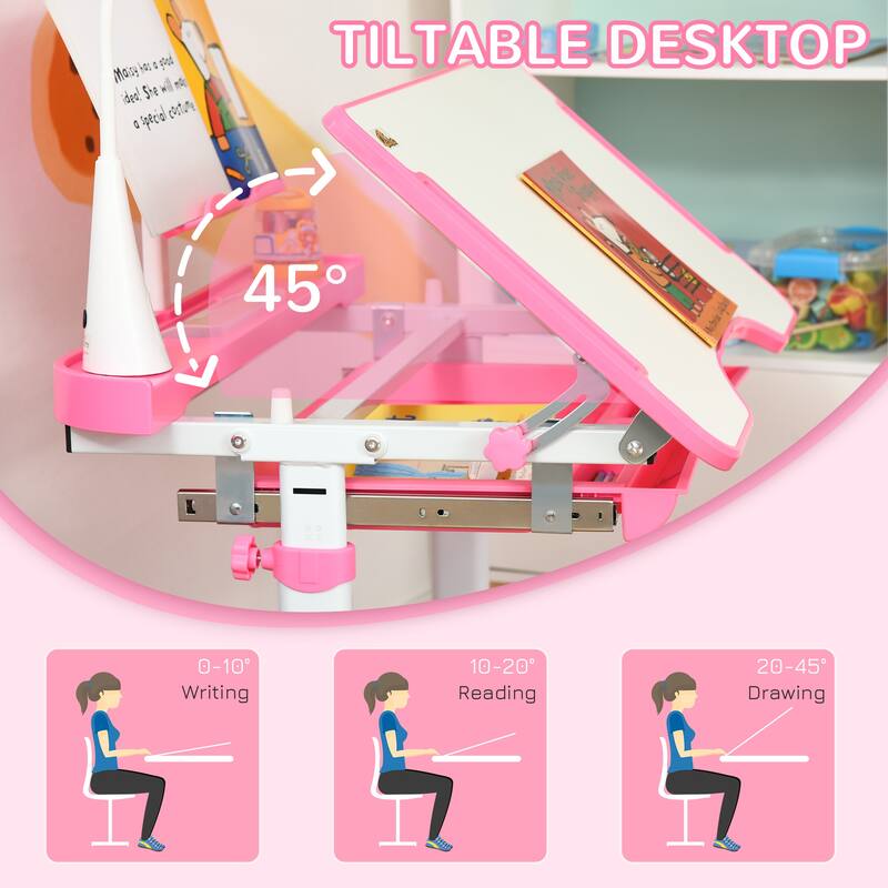 Pink Adjustable Kids Desk and Chair Set with Tilt Desktop Drawer Pen Slots Cup Holder and USB Lamp Ergonomic