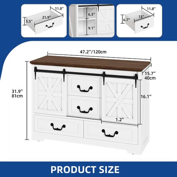 Moasis 47.2" Farmhouse Sideboard Buffet Cabinet with Sliding Barn Doors & 4 Drawers