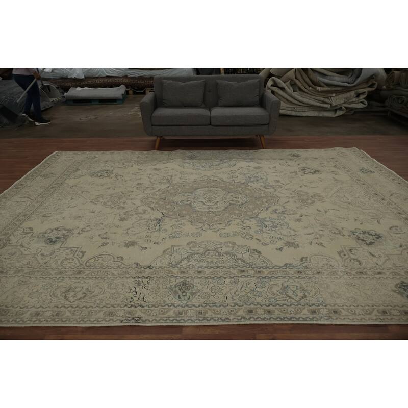 Hand Knotted Oriental 100% Wool Carpet Traditional Floral Beige & Ivories Tabriz Area Rug - 12' 6'' X 9' 4''