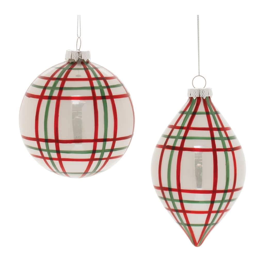 Plaid Glass Christmas Ornaments - 6" - White and Red - 6ct