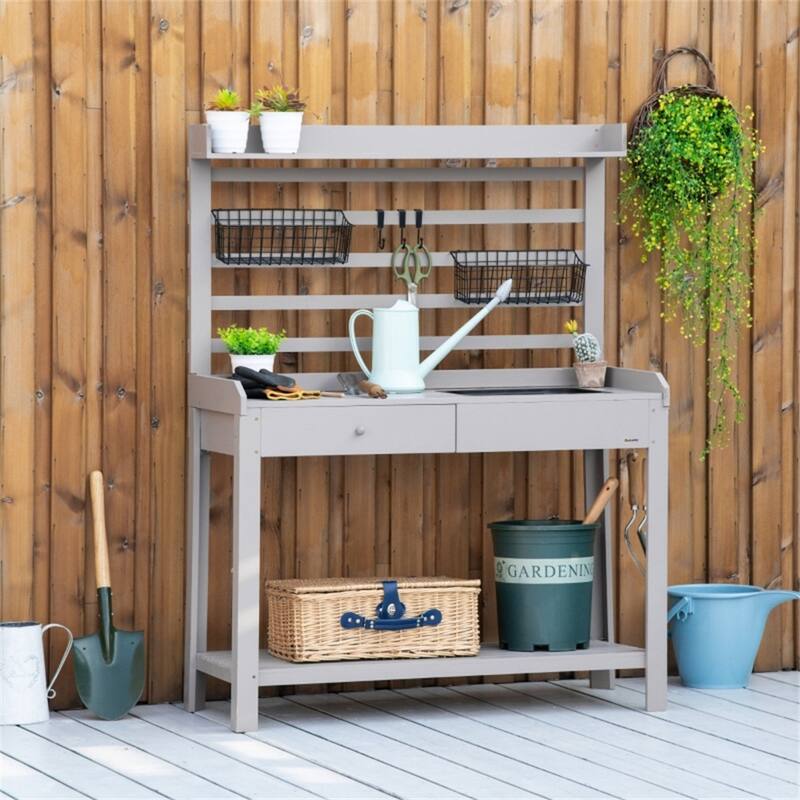 Grey Fir Wood Potting Table with Removable Sink Storage Drawer and Hooks Hanging Baskets - 42.25" L x 18" W x 56" H