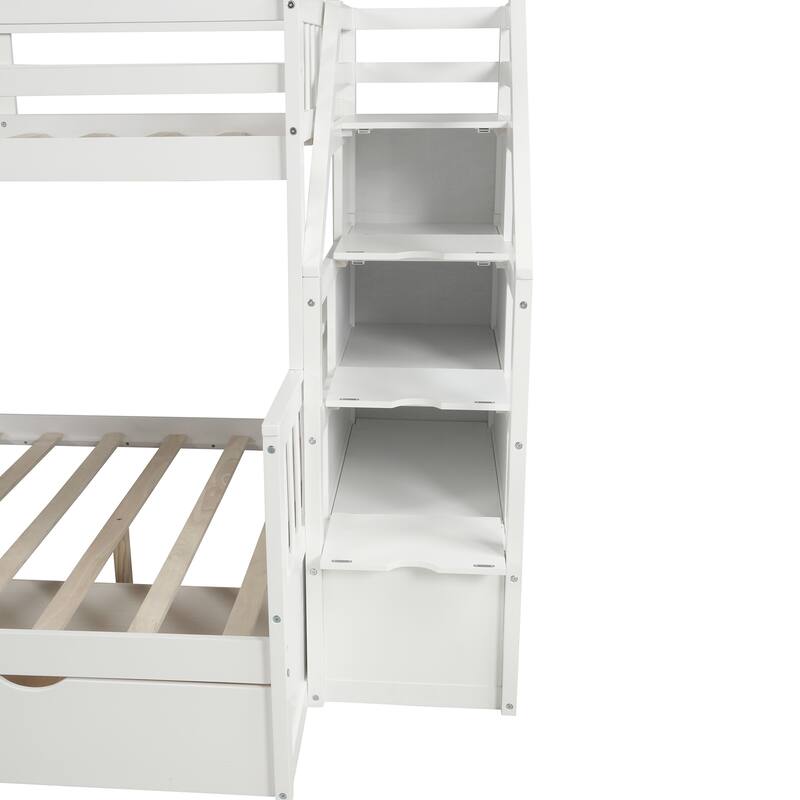 Twin over Full Bunk Bed with Drawers, Storage Stairs