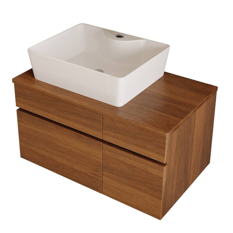 Modern Floating Bathroom Vanity with Ceramic Vessel Sink, Wall-Mounted Solid Wood Bathroom Cabinet with Soft-Close Drawers