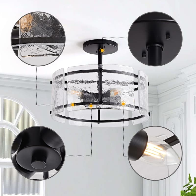 Laia Black 4-Light Water Textured Glass Drum Flush Mount - 16 inches in diameter x 11 inches H