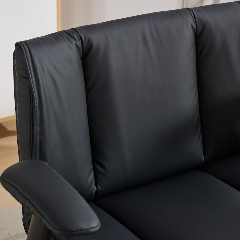 Black Leather Office Chair with Crossed Legs & Flip-Up Armrests