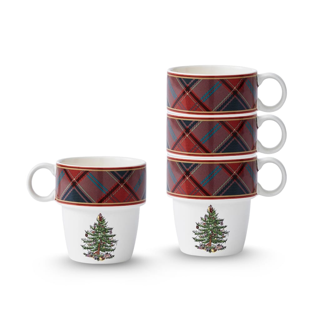Spode Set of 4 Christmas Tree Tartan Stackable Mugs