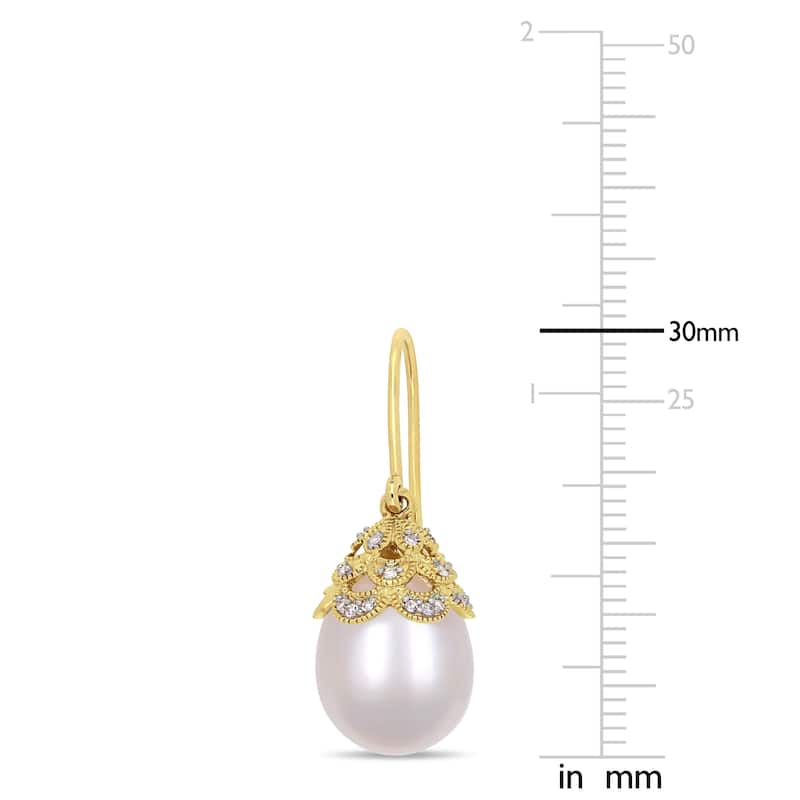 Miadora 11mm Cultured Freshwater Pearl 1/10 CT TW Diamond Filigree Earrings 14k Yellow Gold