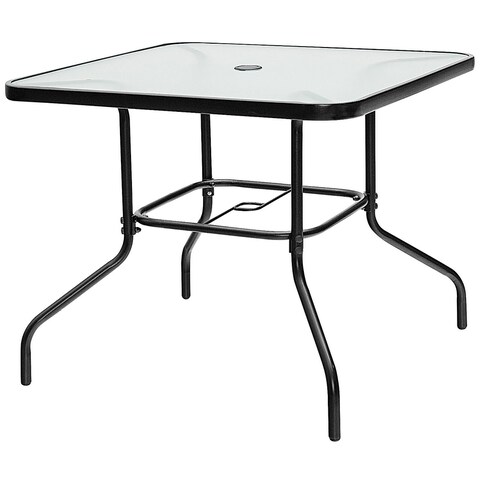 Gymax 35'' Patio Dining Square Tempered Glass Table w/ Umbrella Hole