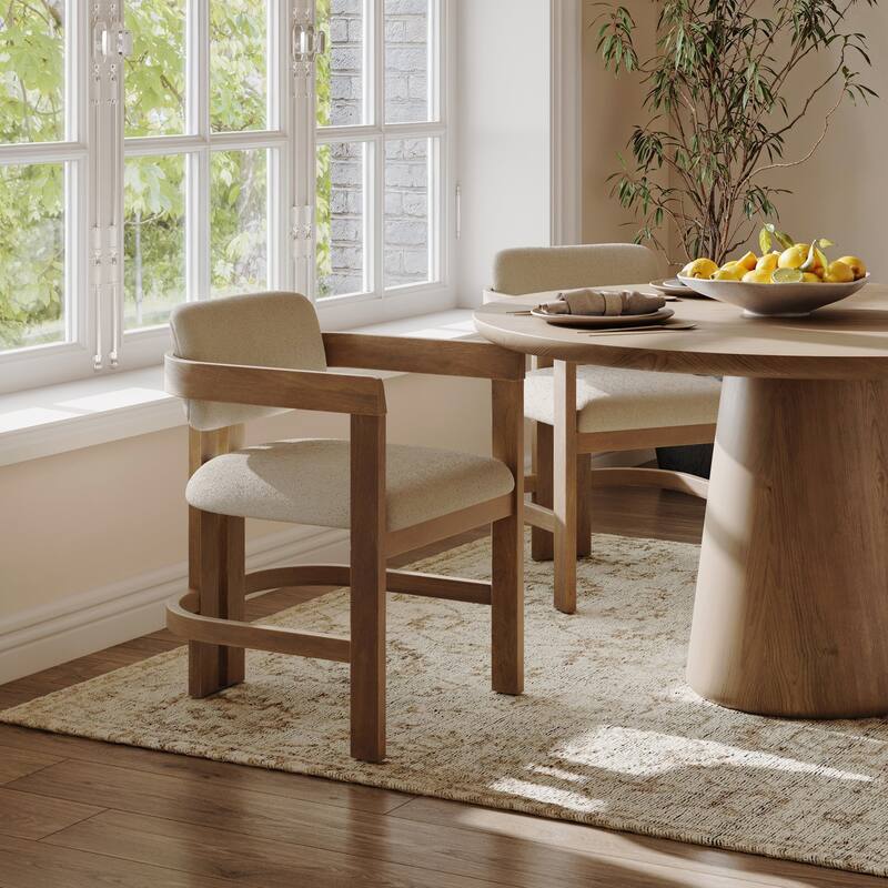 Veya Modern Boucle Dining Chair with Curved Back, Full Armrests, and Solid Wood Legs